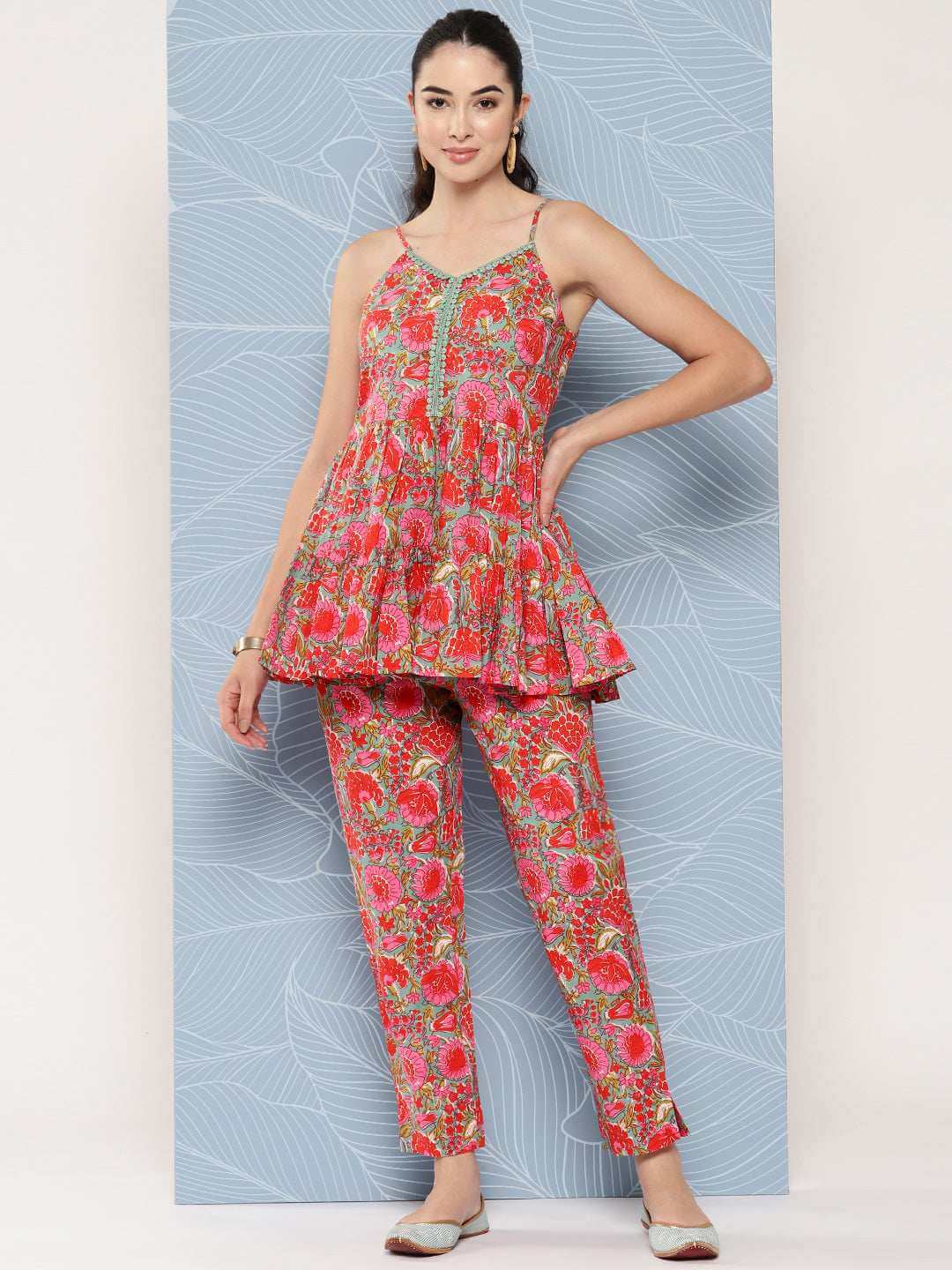 Multicolor Cotton Floral Printed Top With Pant Silae