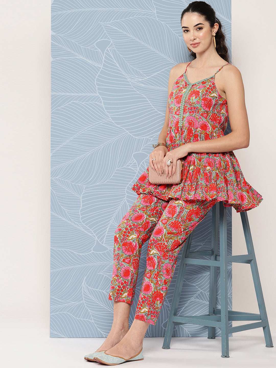 Multicolor Cotton Floral Printed Top With Pant Silae