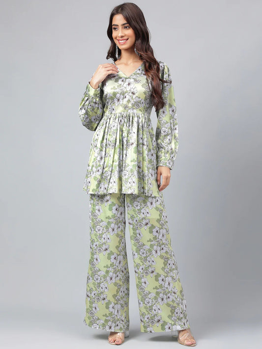 Sage Green Satin Digital Floral Printed Co-Ords Set Silae