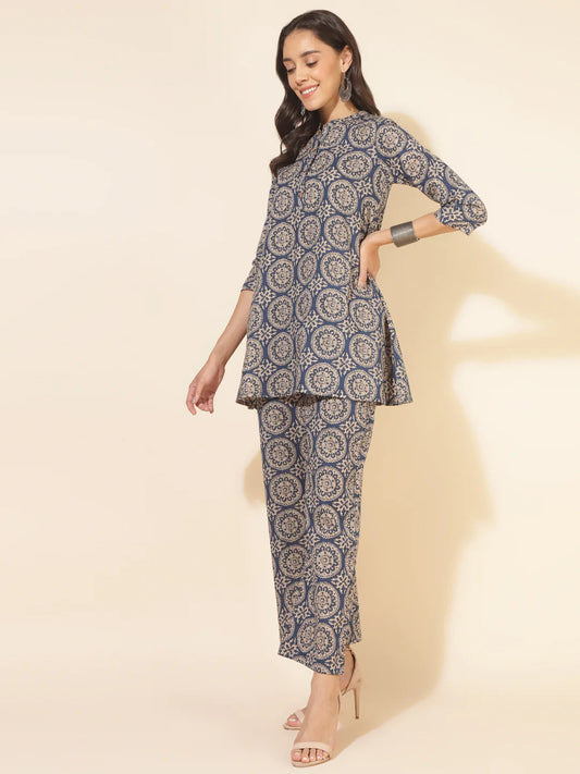 Blue Cotton Ethnic Motifs Tunic With Palazzo Silae