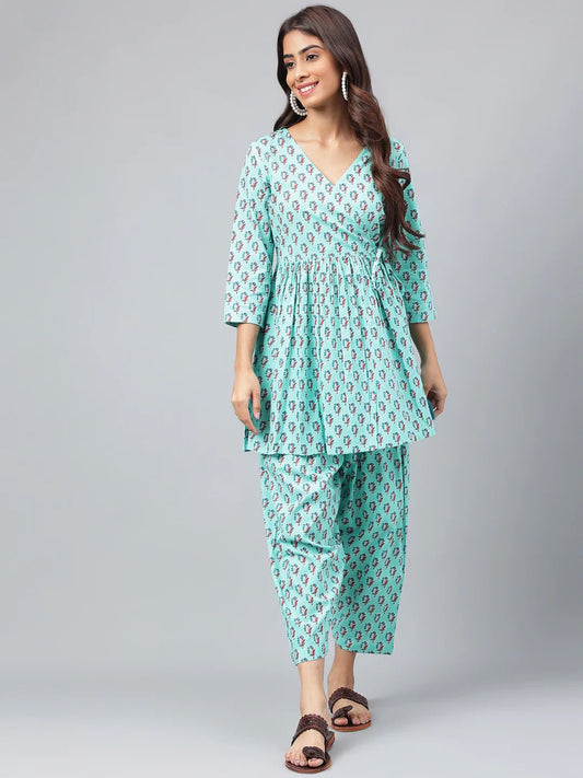 Aqua Green Cotton Floral Ethinc Motif Printed Co-Ords Set Silae