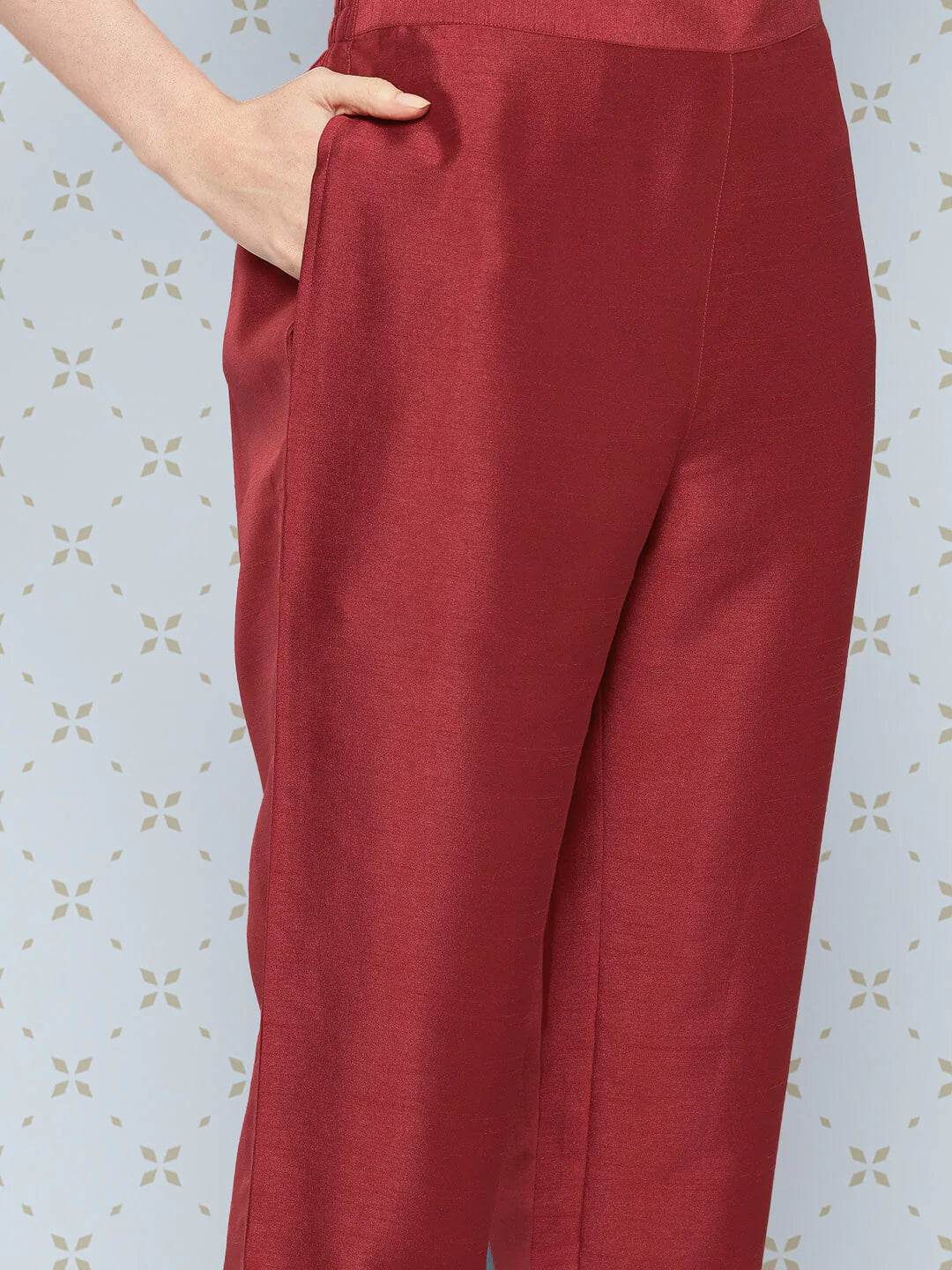 Maroon Crepe Silk Yoke Embroidered Kurta With Pant And Dupatta