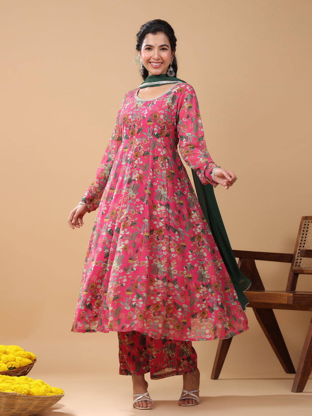Pink Georgette Digital Floral Print Kurta Palazzo Set