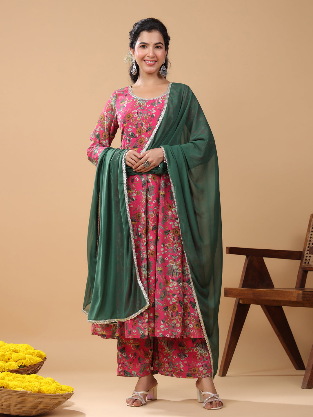 Pink Georgette Digital Floral Print Kurta Palazzo Set