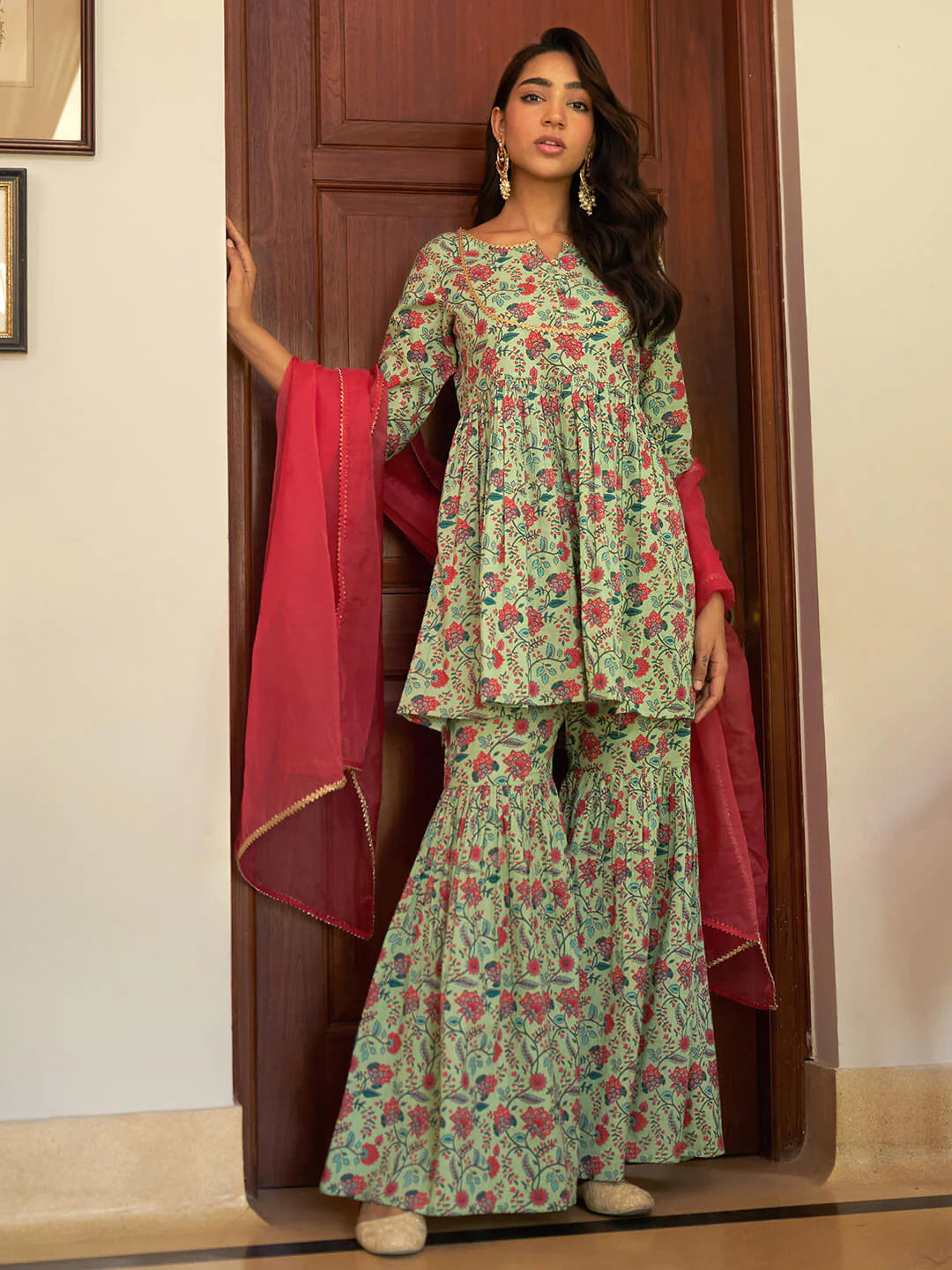 Light Green Cotton Floral Printed Short Kurta With Sharara And Dupatta Silae