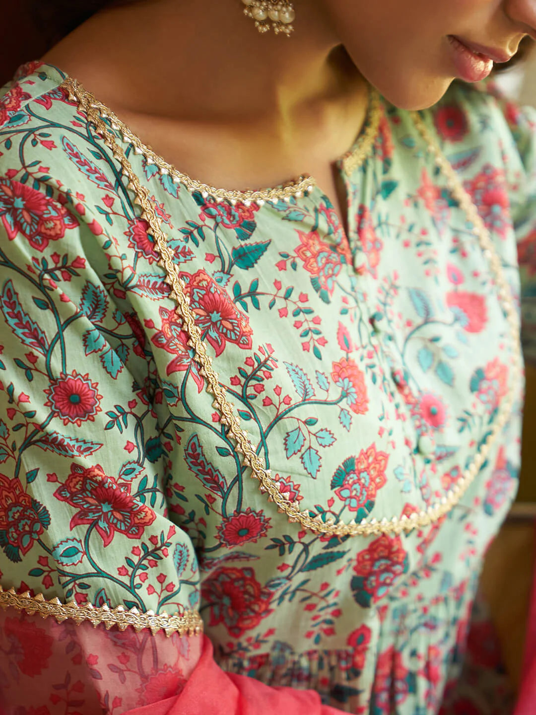 Light Green Cotton Floral Printed Short Kurta With Sharara And Dupatta Silae