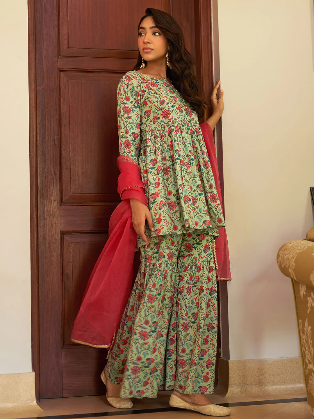 Light Green Cotton Floral Printed Short Kurta With Sharara And Dupatta Silae