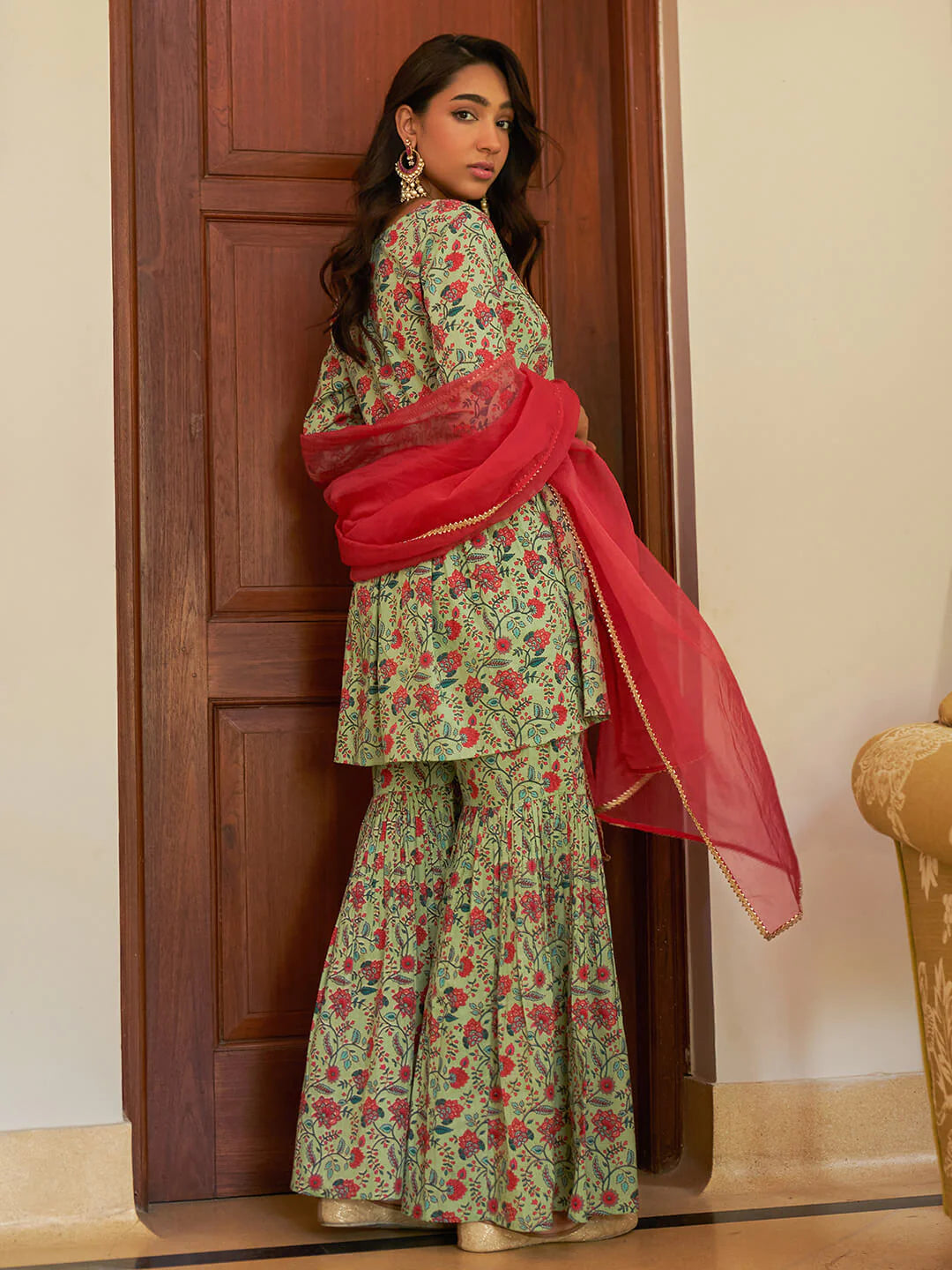 Light Green Cotton Floral Printed Short Kurta With Sharara And Dupatta Silae