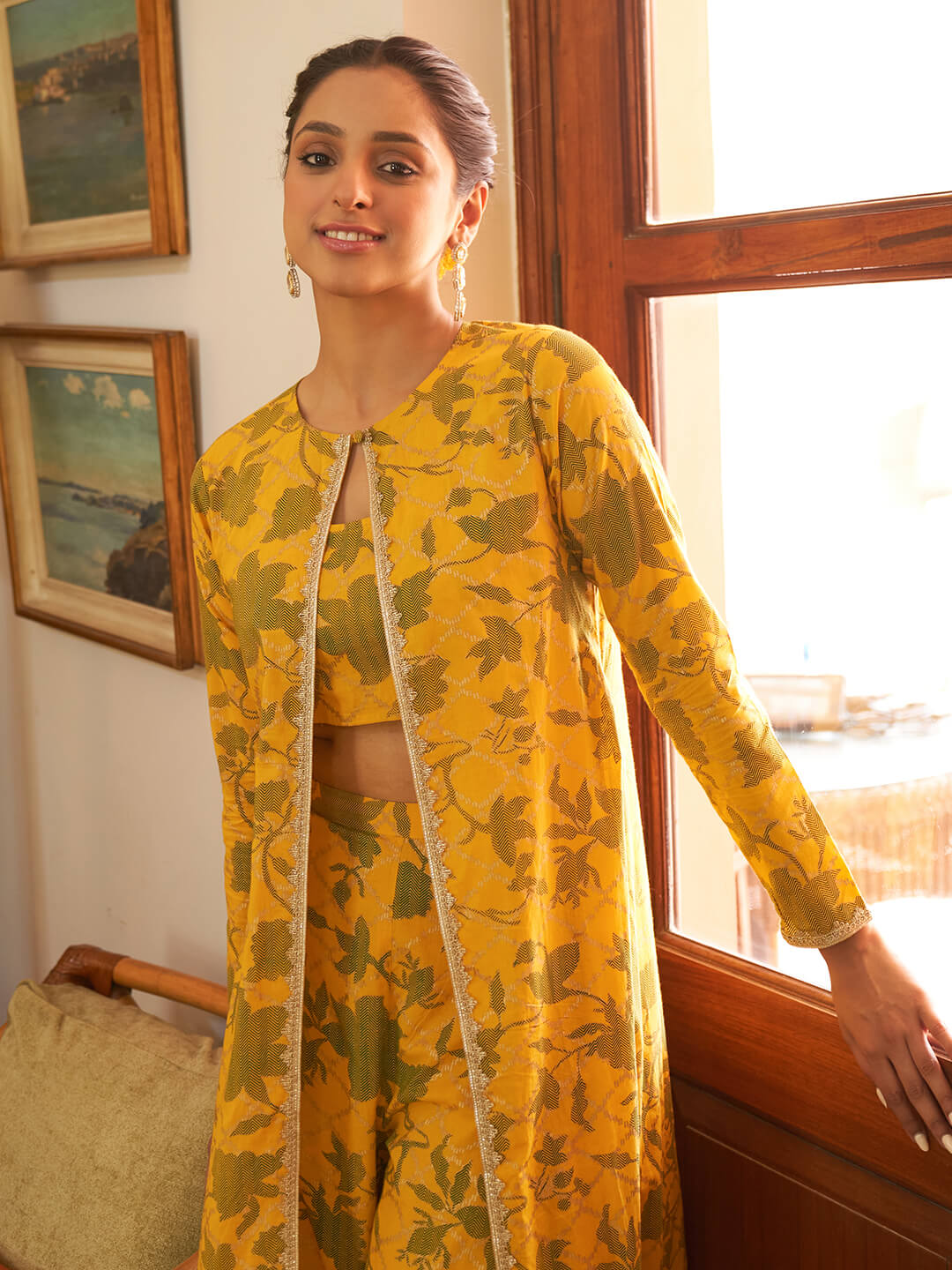 Mustard Cotton Floral Printed Crop Top With Straight Pant And Jacket Silae