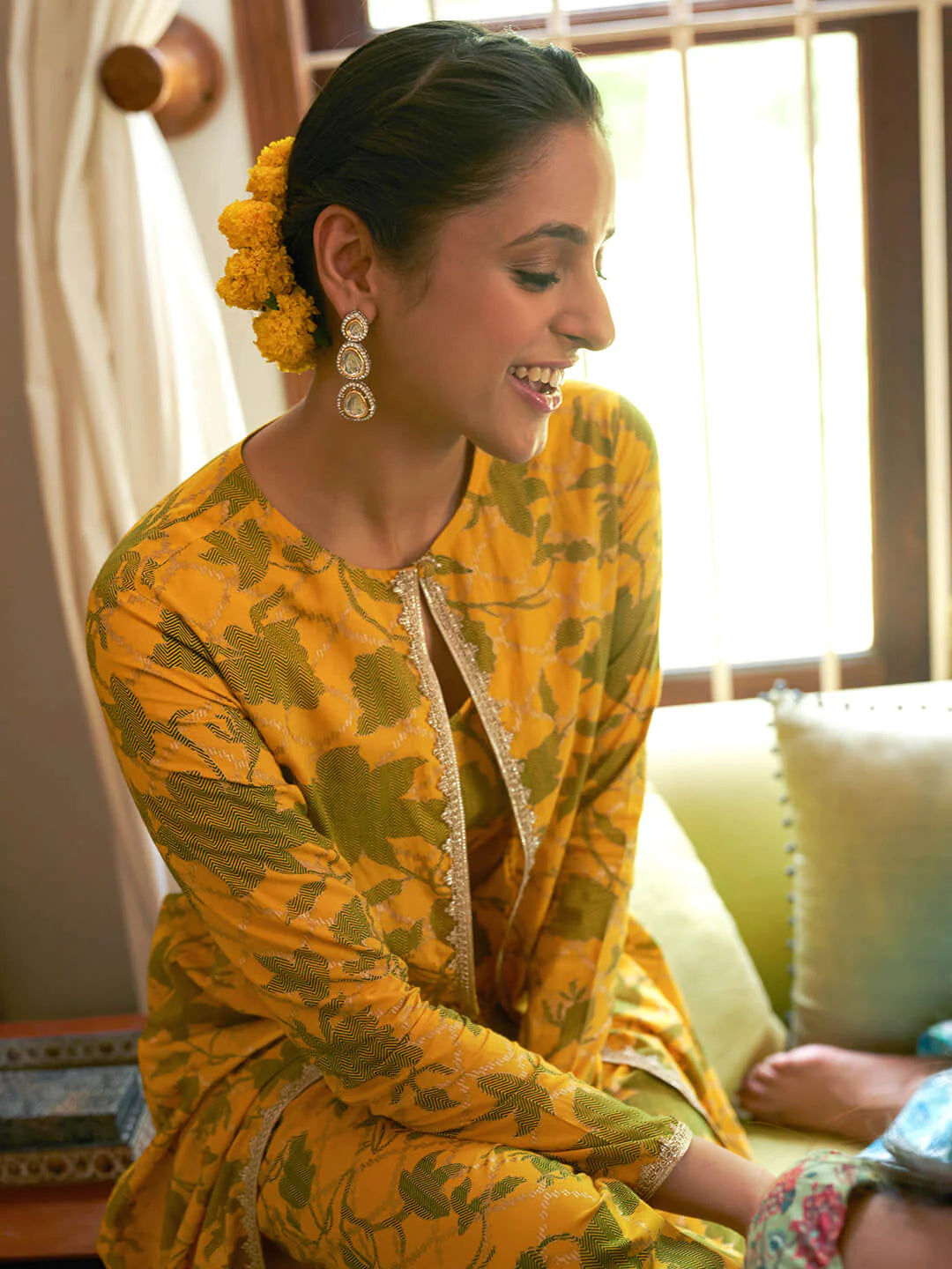 Mustard Cotton Floral Printed Crop Top With Straight Pant And Jacket Silae