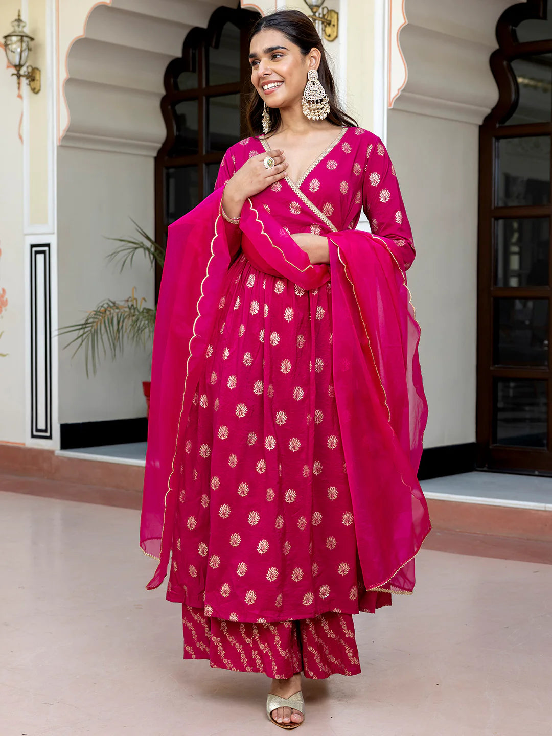 Pink Brocade Woven Design Kurta With Palazzo And Dupatta