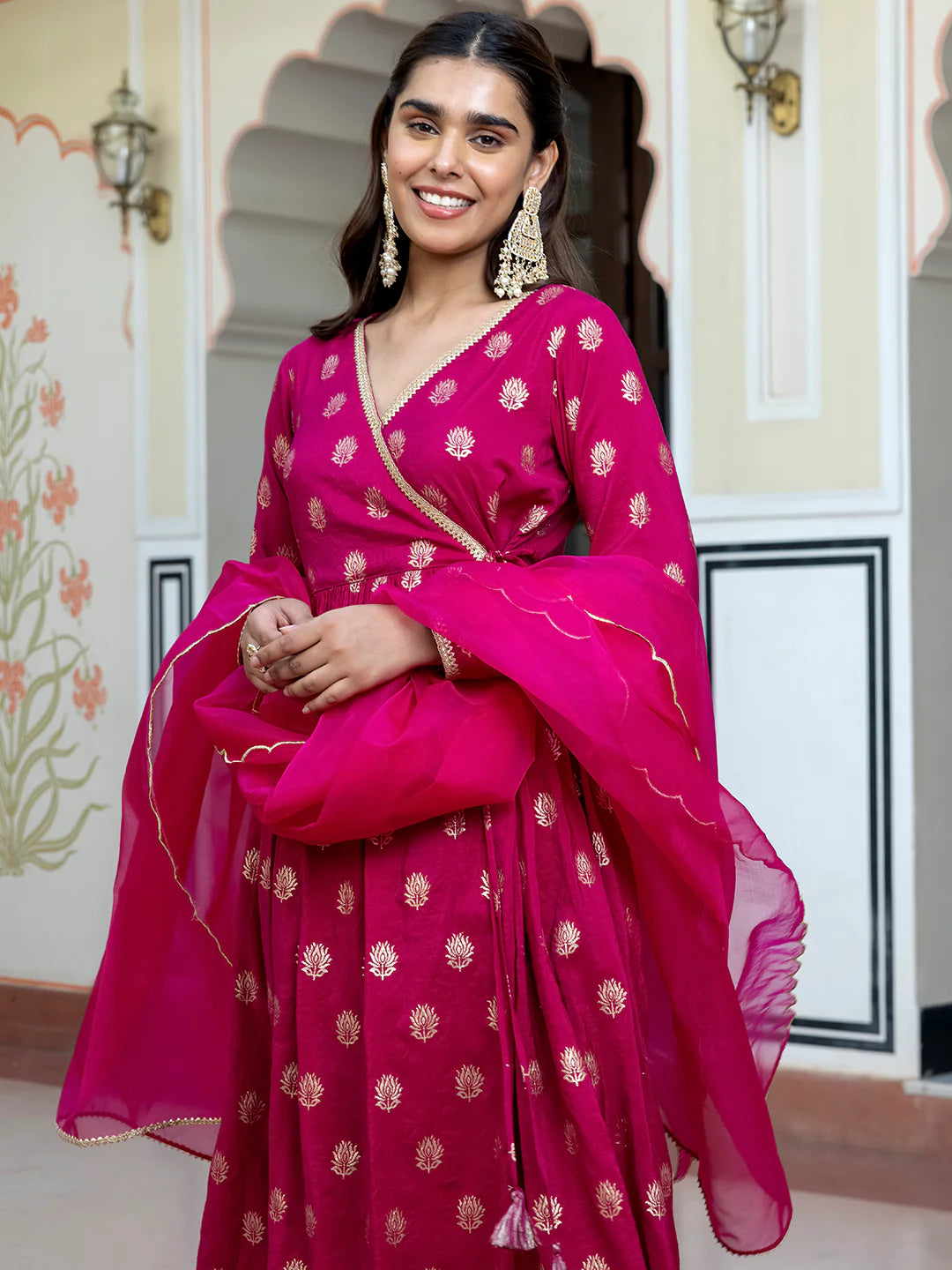 Pink Brocade Woven Design Kurta With Palazzo And Dupatta