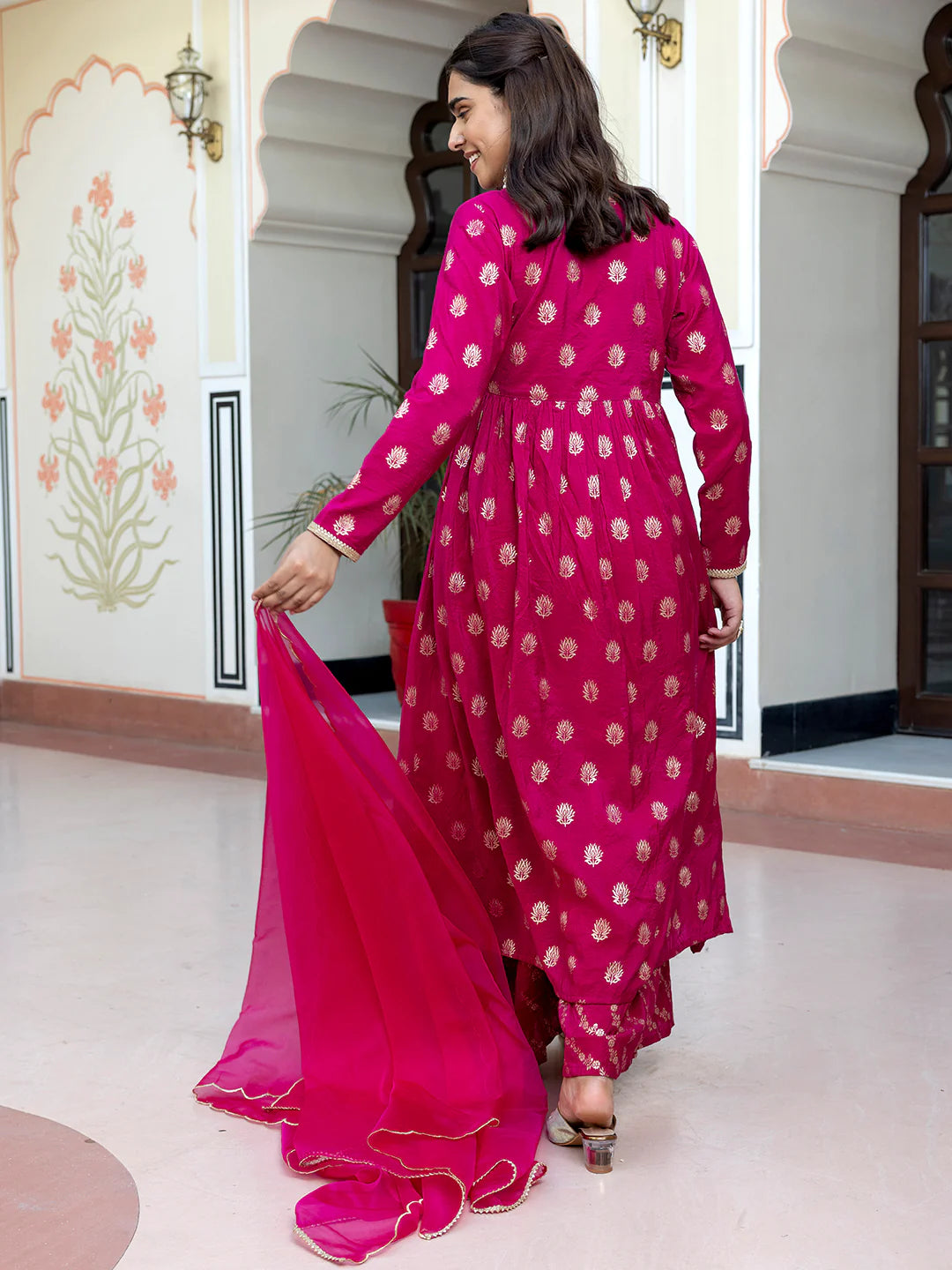 Pink Brocade Woven Design Kurta With Palazzo And Dupatta