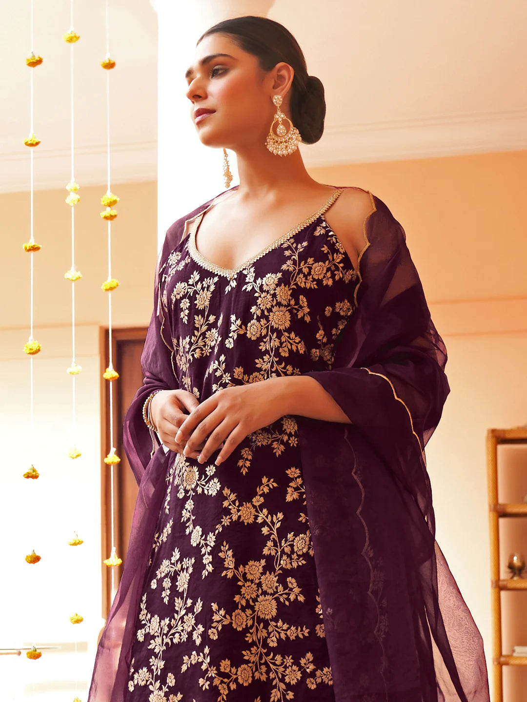 Purple Brocade Woven Design Kurta With Palazzo And Dupatta