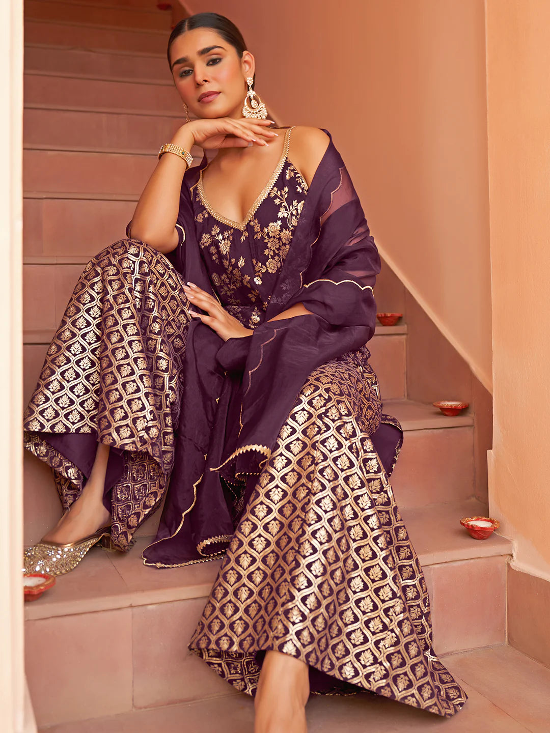 Purple Brocade Woven Design Kurta With Palazzo And Dupatta