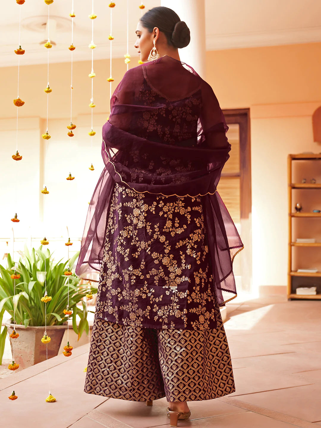Purple Brocade Woven Design Kurta With Palazzo And Dupatta