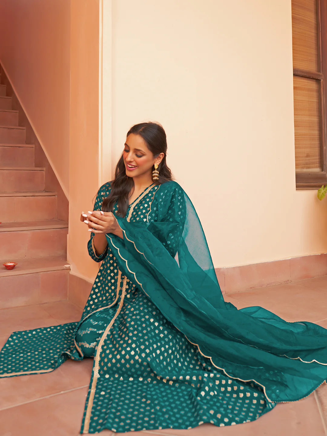 Teal Brocade Woven Design Kurta With Pant And Dupatta