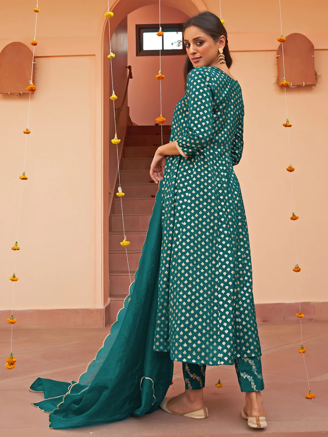 Teal Brocade Woven Design Kurta With Pant And Dupatta