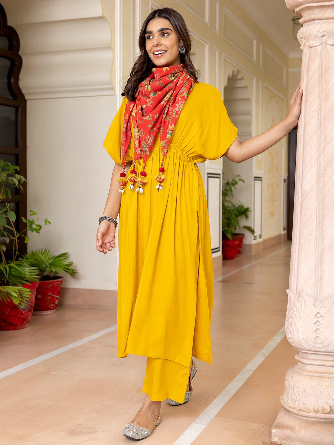 Mustard Rayon Solid Kurta With Palazzo And Scarf