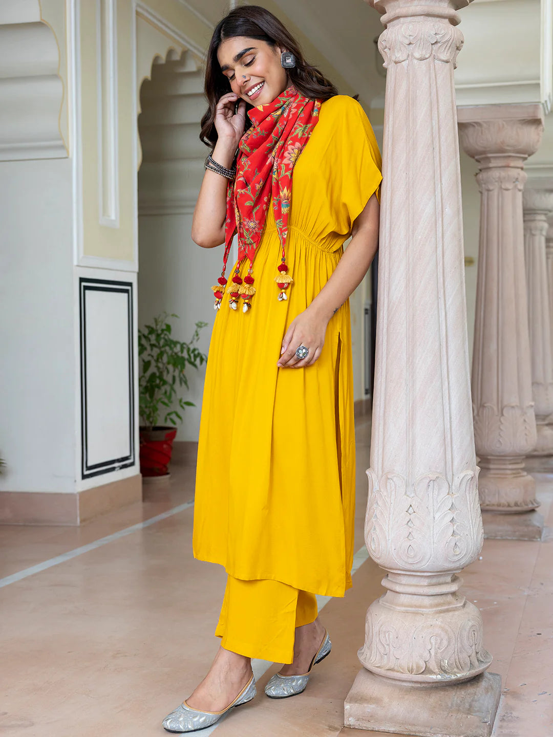 Mustard Rayon Solid Kurta With Palazzo And Scarf