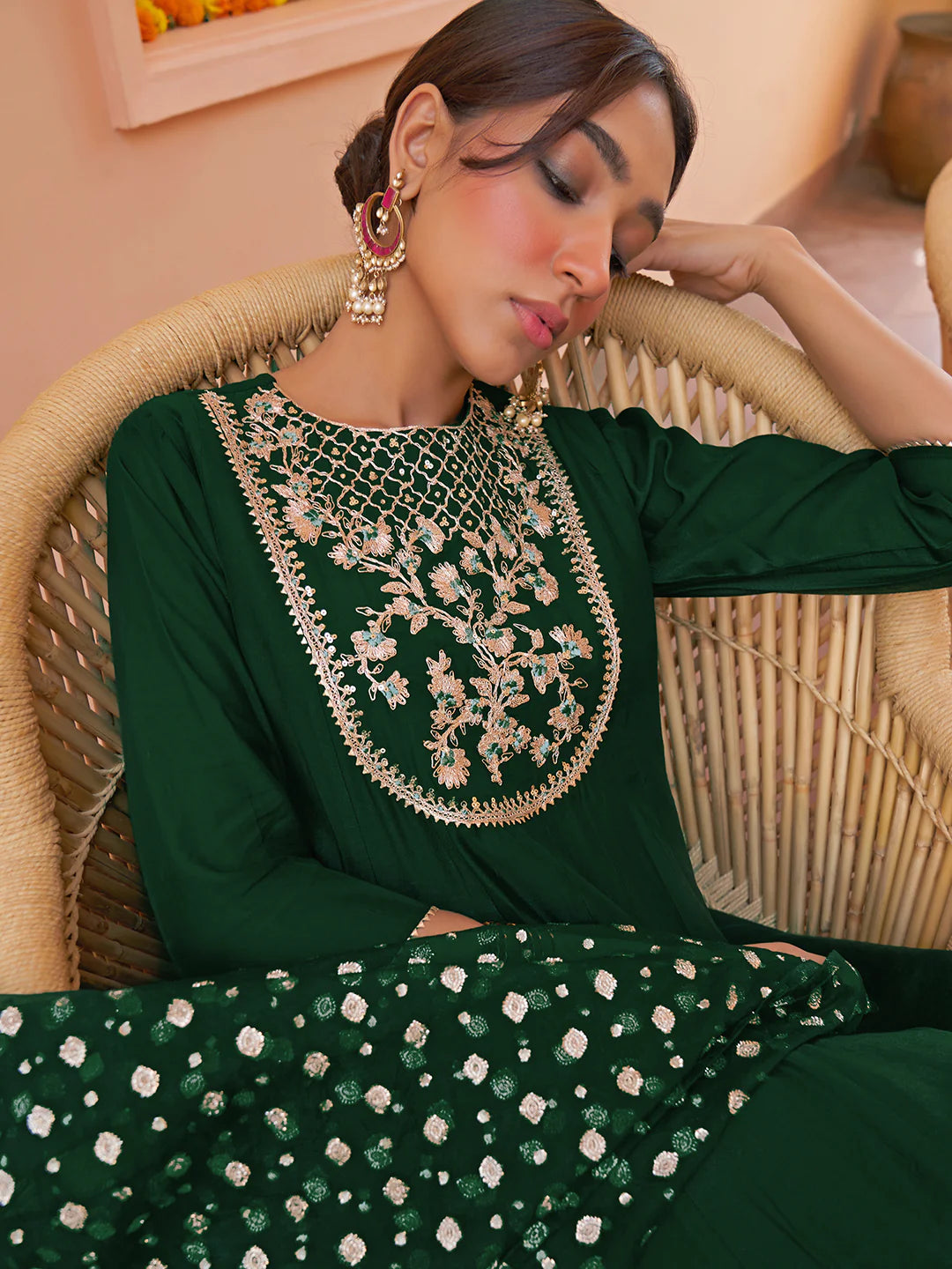Dark Green Chanderi Embellished Kurta With Palazzo And Dupatta