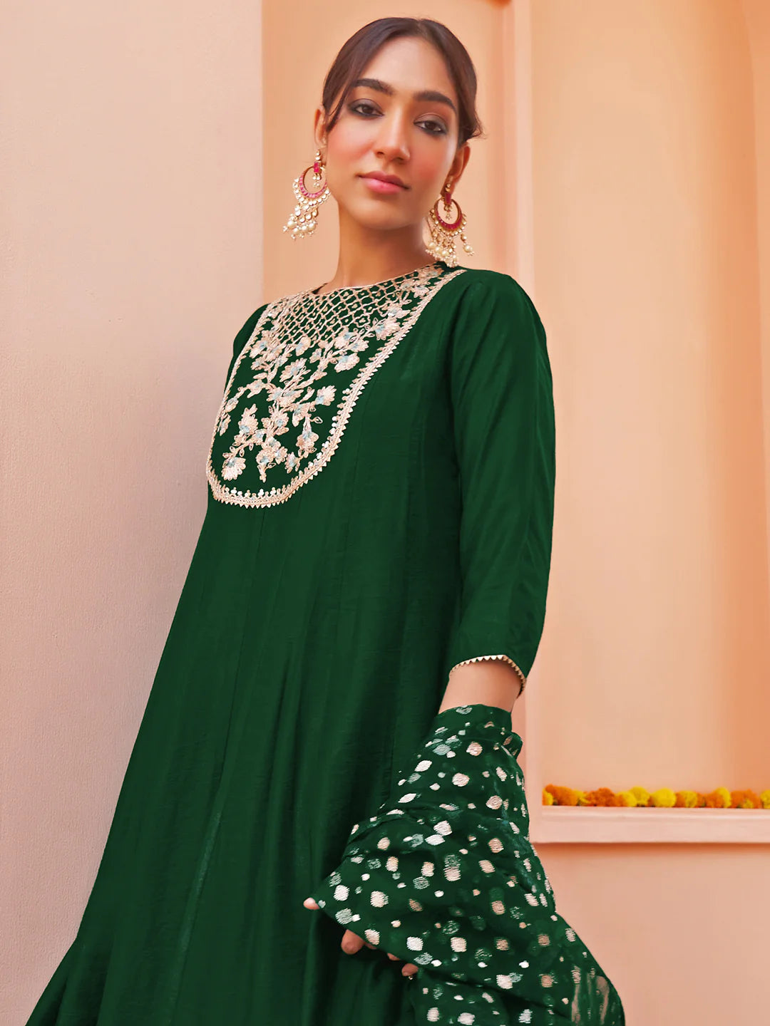 Dark Green Chanderi Embellished Kurta With Palazzo And Dupatta
