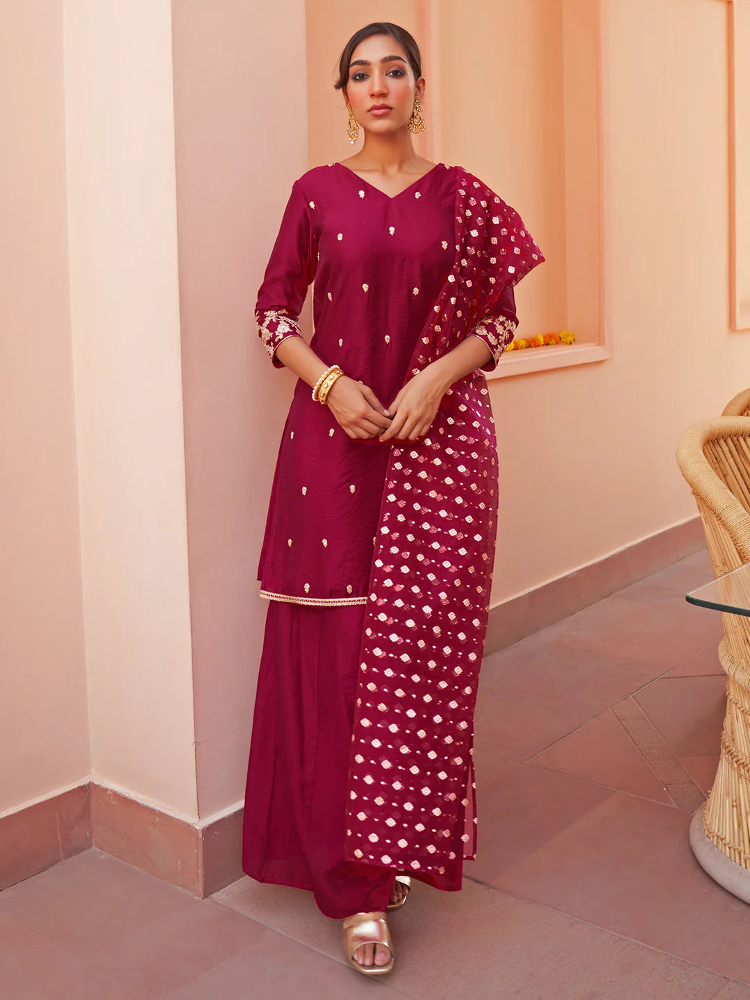 Pink Chanderi Embellished Kurta With Palazzo And Dupatta Silae