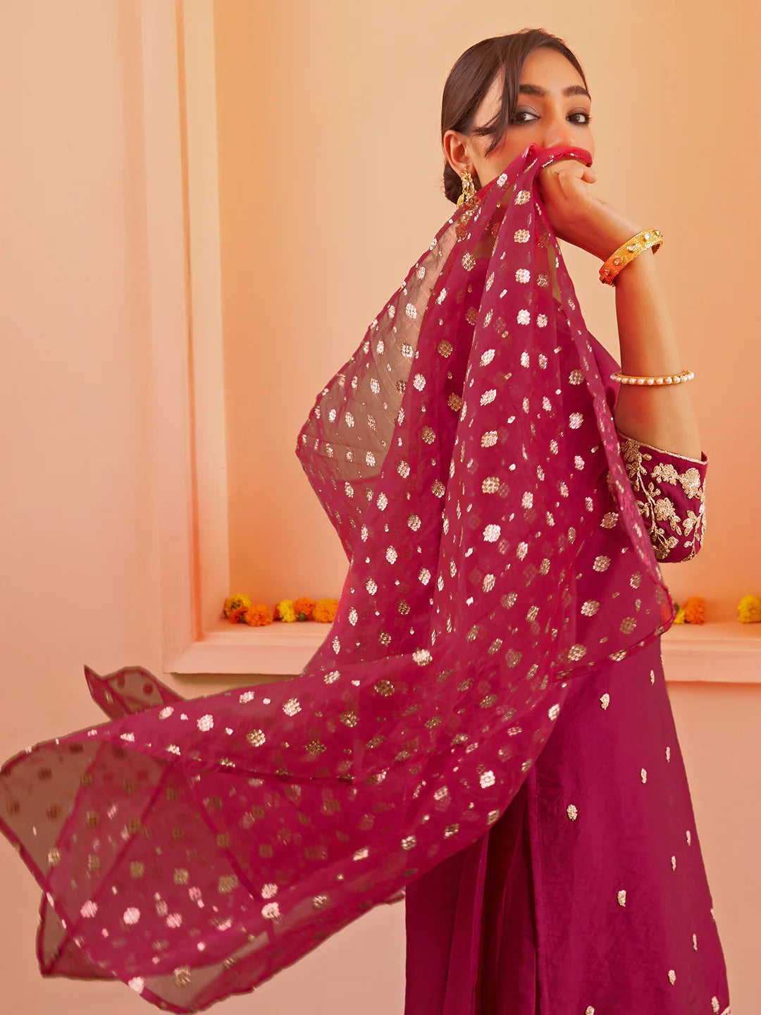 Pink Chanderi Embellished Kurta With Palazzo And Dupatta Silae