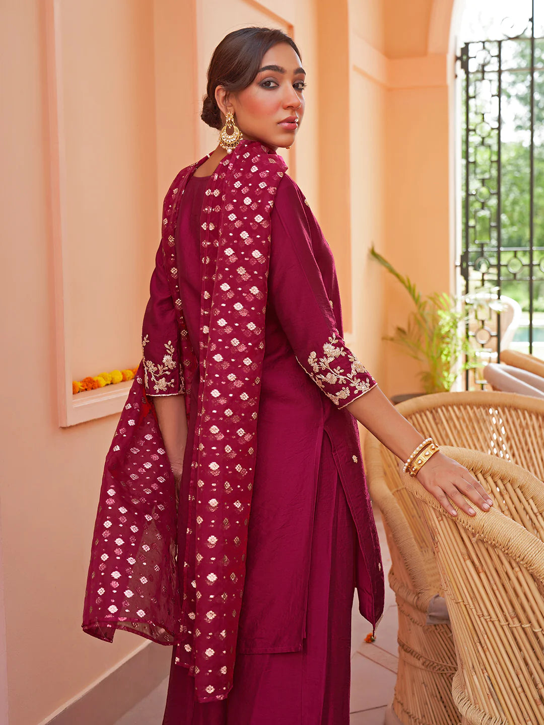 Pink Chanderi Embellished Kurta With Palazzo And Dupatta Silae