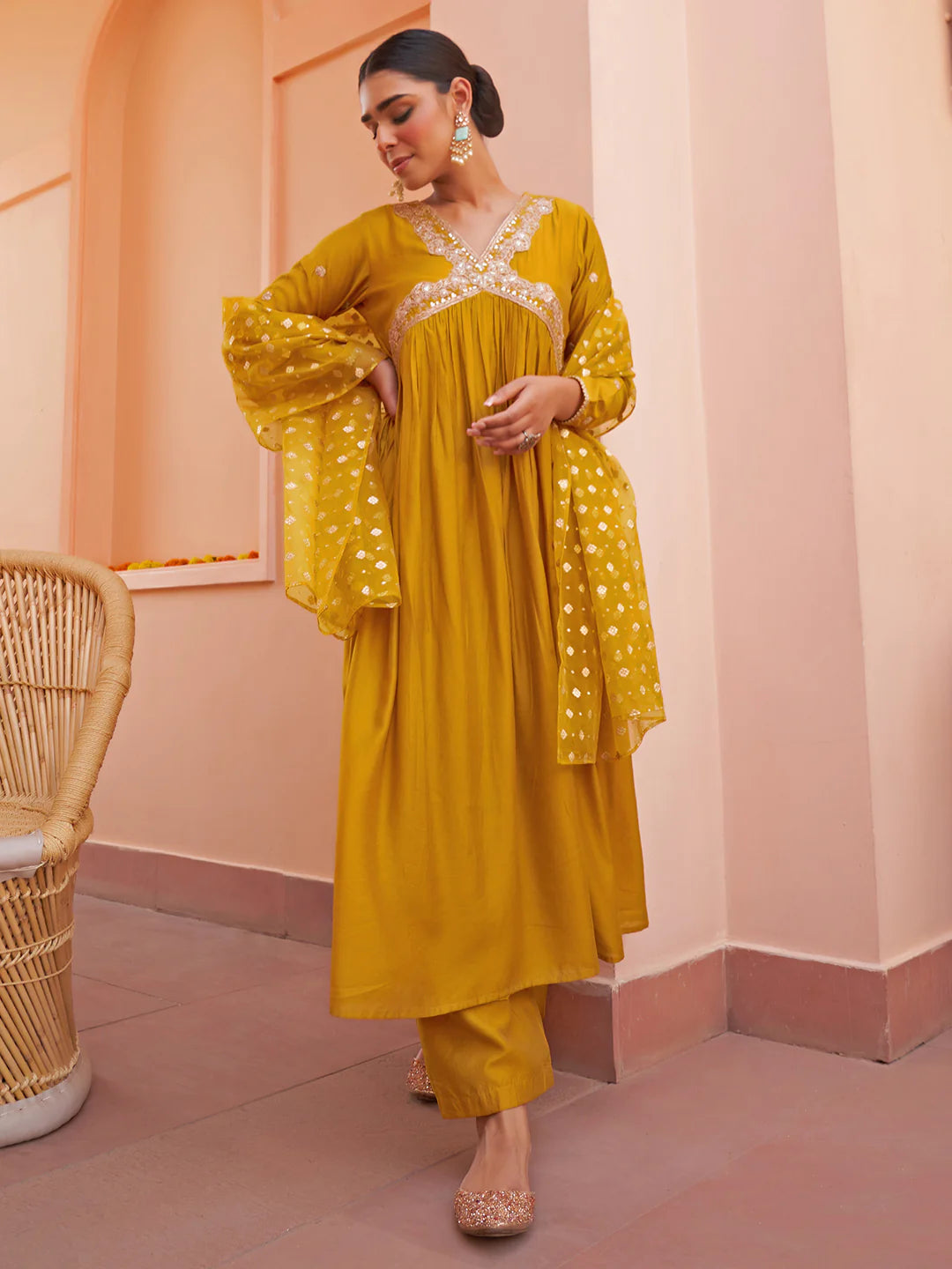 Mustard Chanderi Embellished Kurta With Palazzo And Dupatta