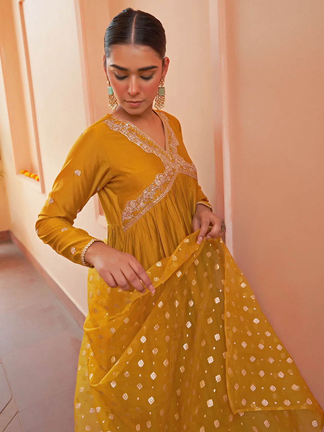 Mustard Chanderi Embellished Kurta With Palazzo And Dupatta