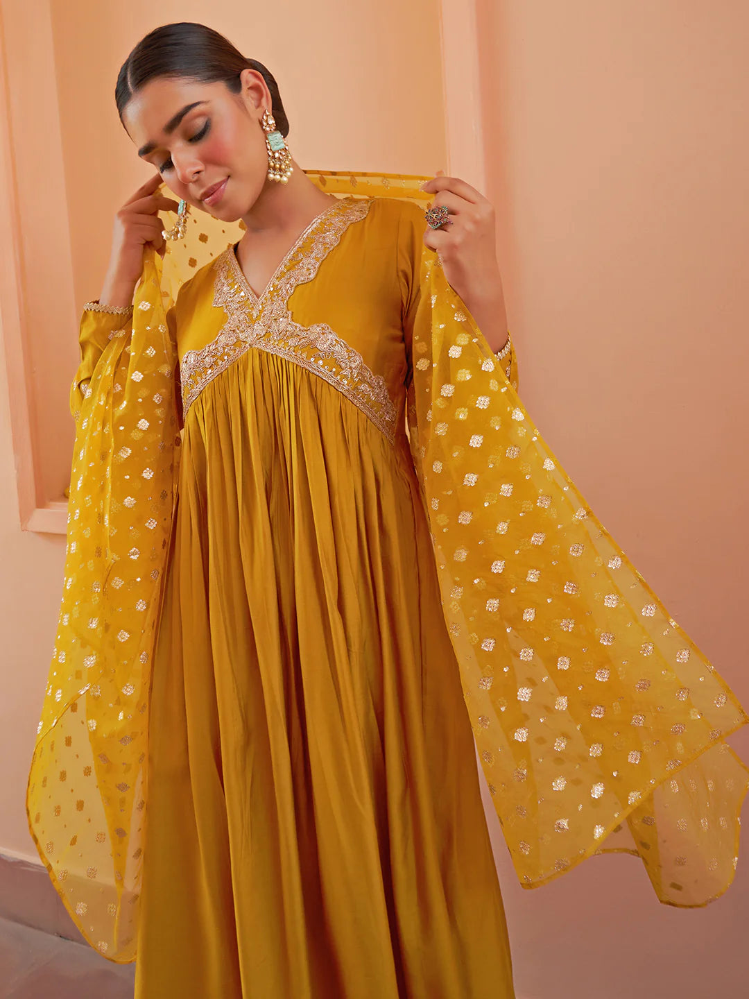 Mustard Chanderi Embellished Kurta With Palazzo And Dupatta