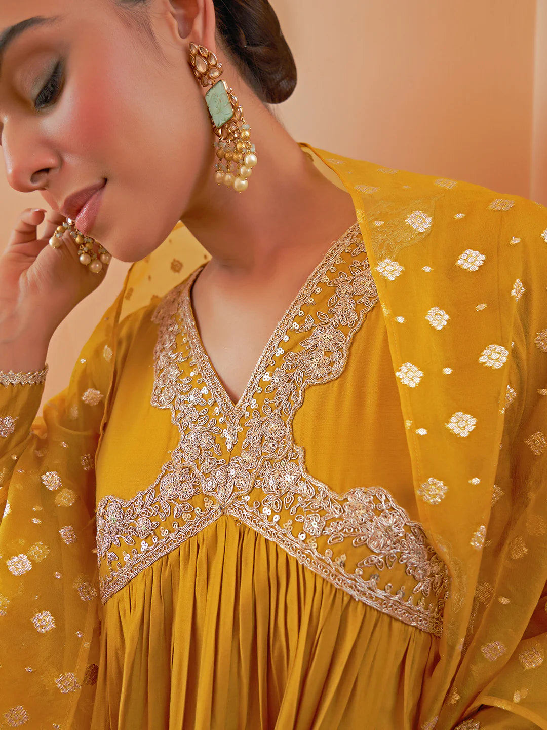 Mustard Chanderi Embellished Kurta With Palazzo And Dupatta