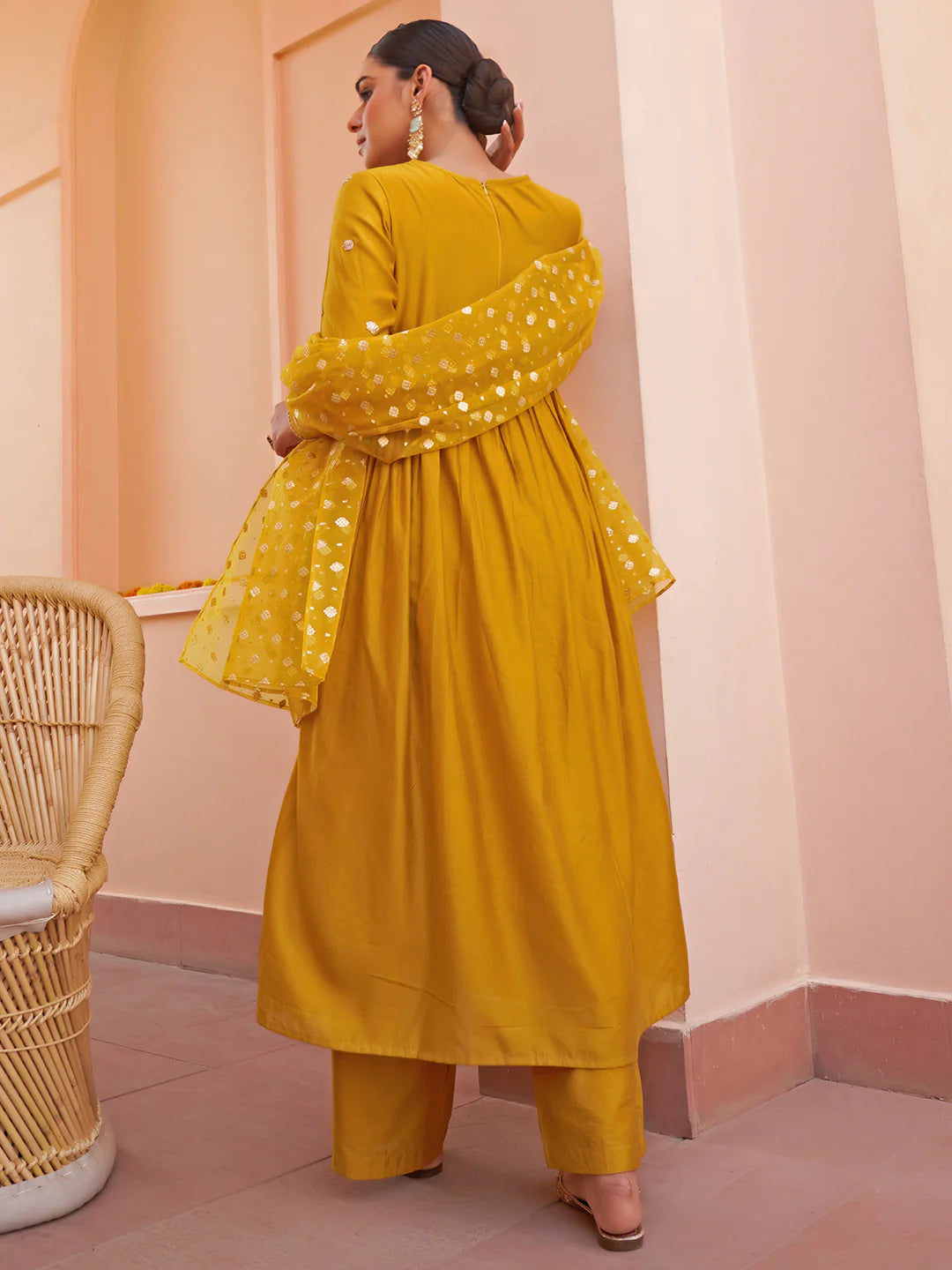 Mustard Chanderi Embellished Kurta With Palazzo And Dupatta