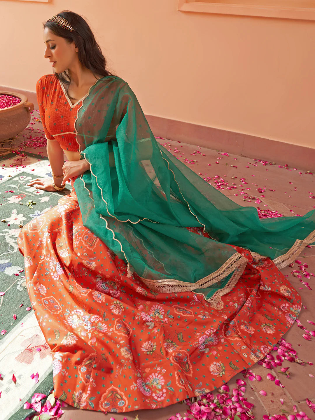 Orange Crepe Silk Digital Floral Printed Lehenga Choli With Dupatta