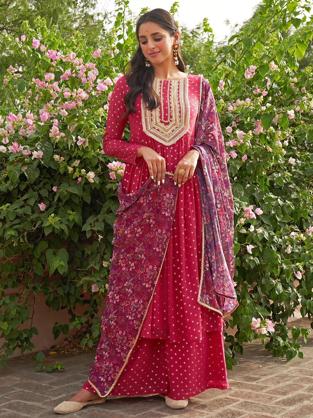 Pink Georgette Foil Motif Printed Kurta With Palazzo And Dupatta Silae