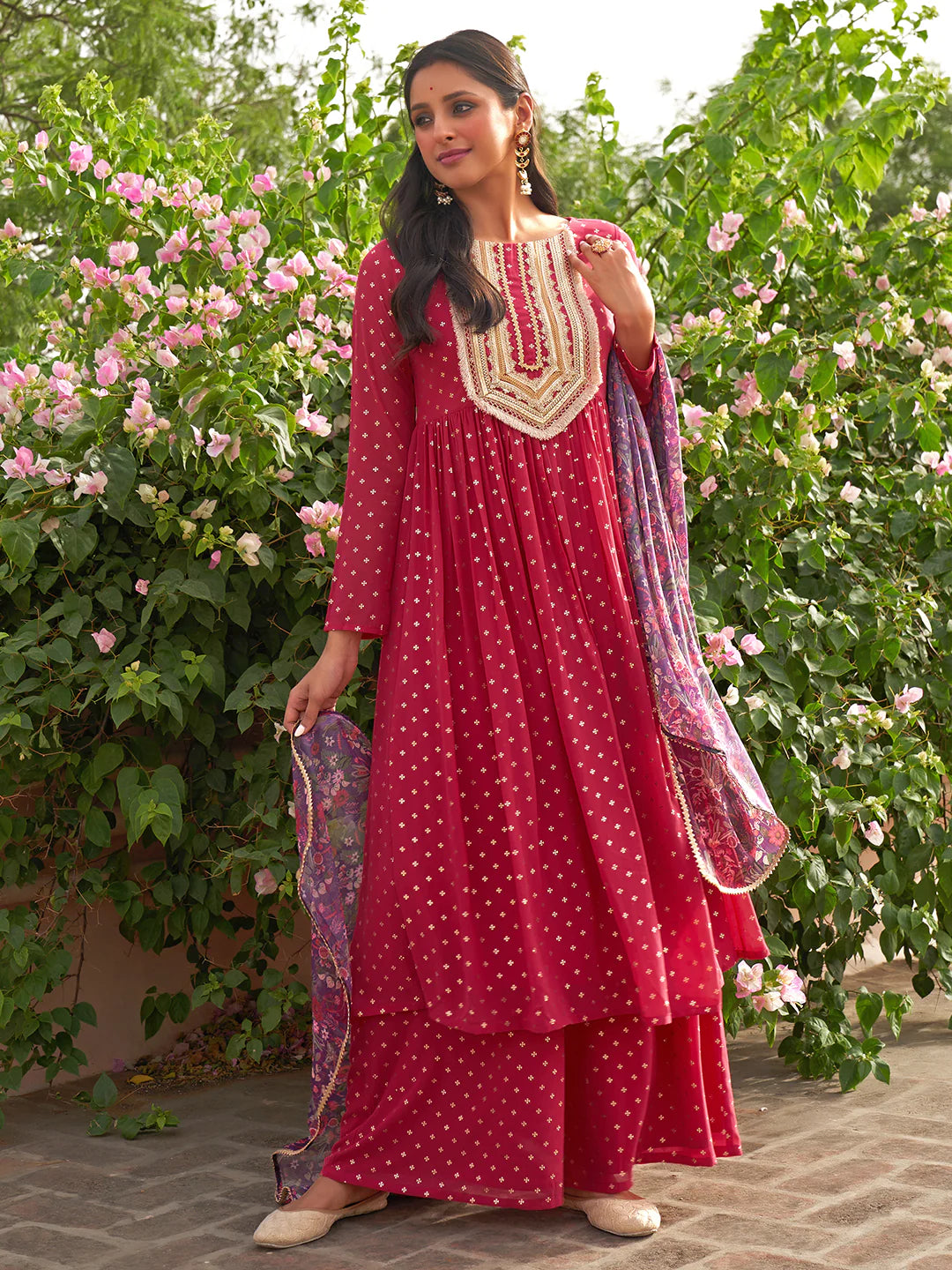 Pink Georgette Foil Motif Printed Kurta With Palazzo And Dupatta Silae