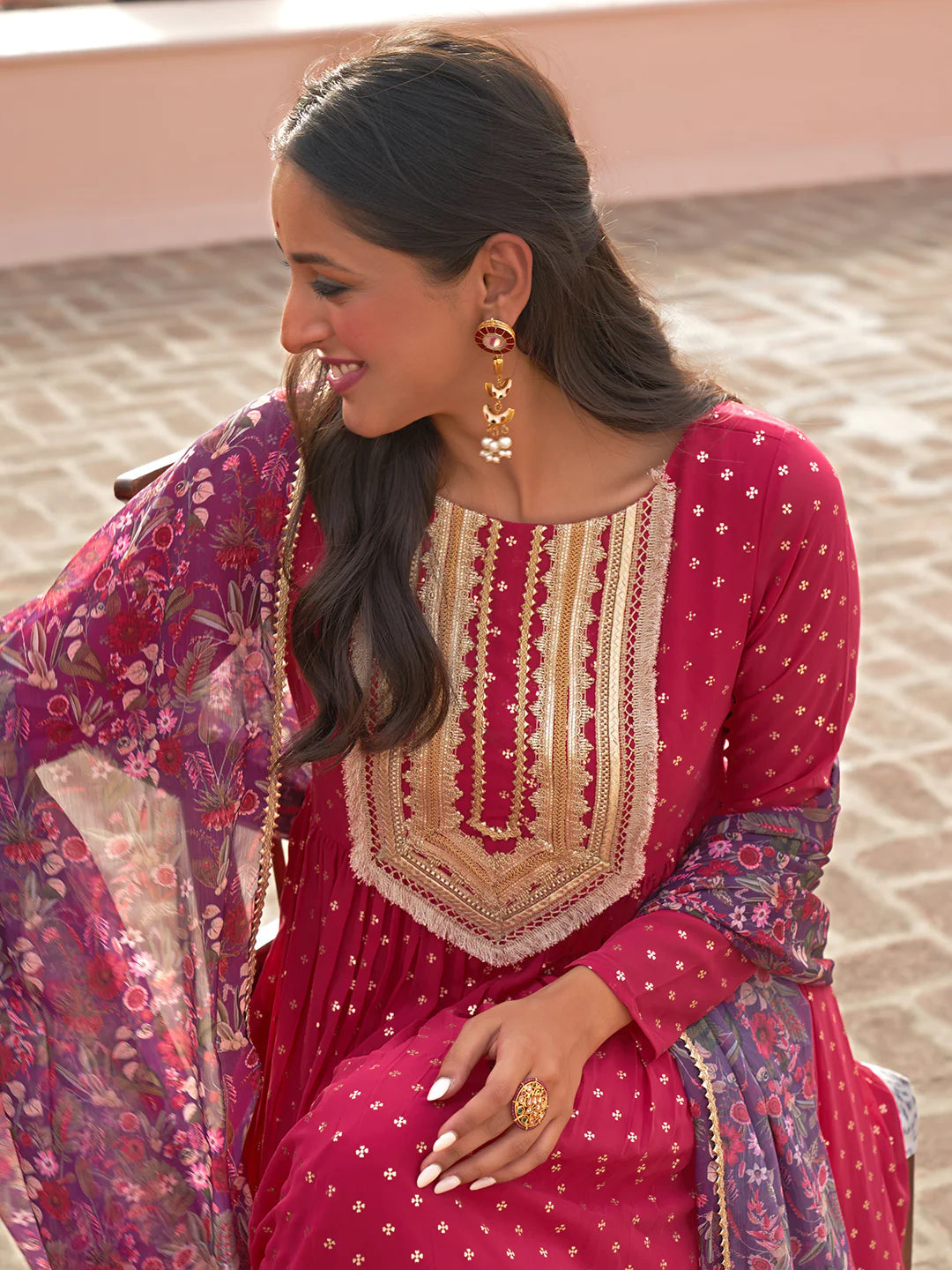 Pink Georgette Foil Motif Printed Kurta With Palazzo And Dupatta Silae