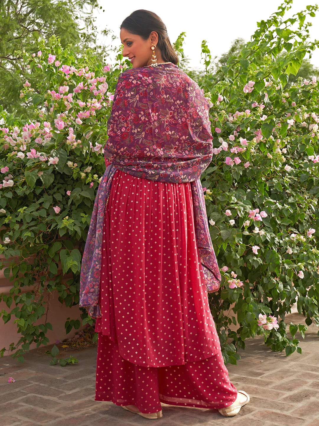 Pink Georgette Foil Motif Printed Kurta With Palazzo And Dupatta Silae