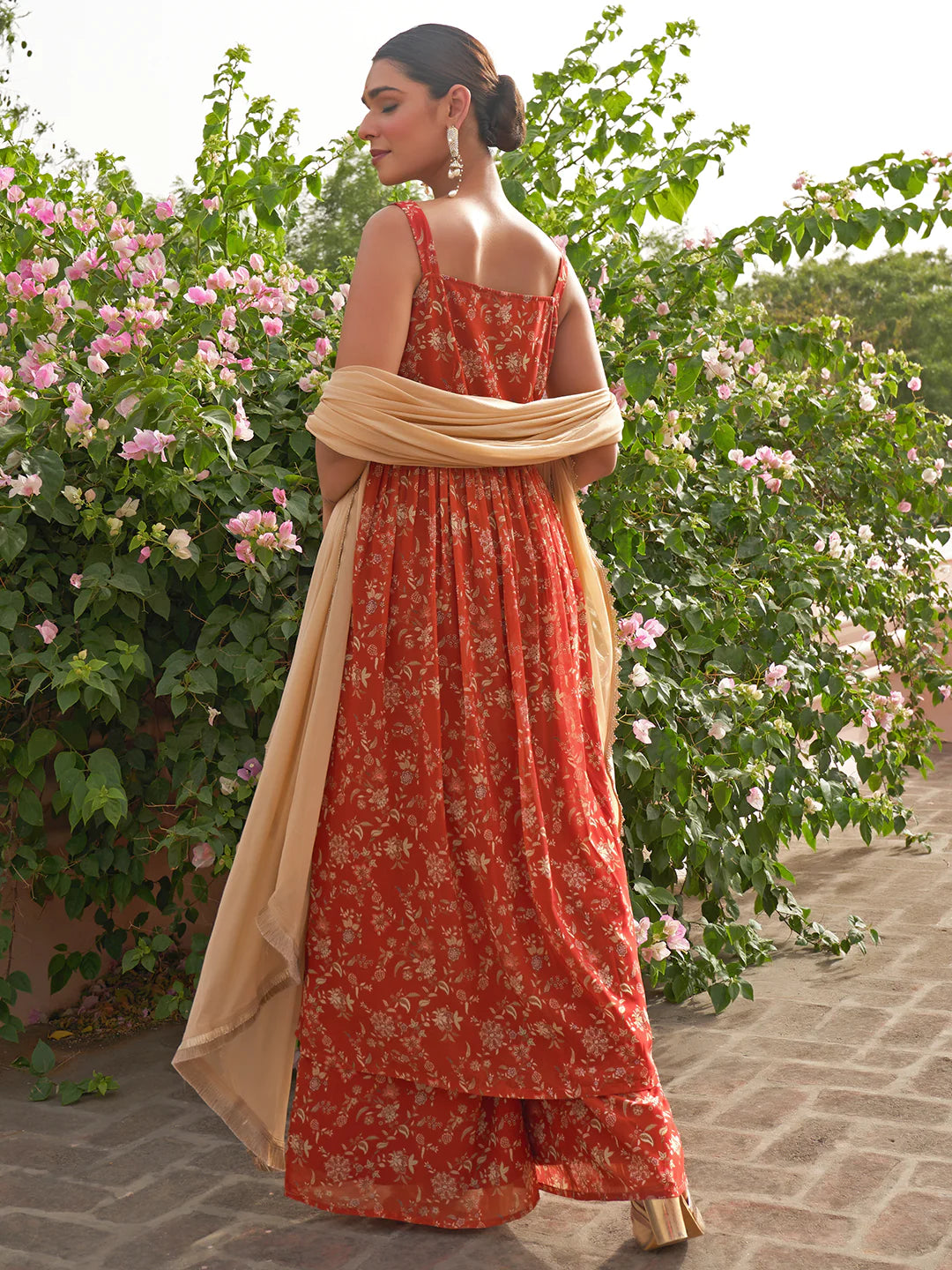 Red Georgette Embellished Kurta With Palazzo And Dupatta