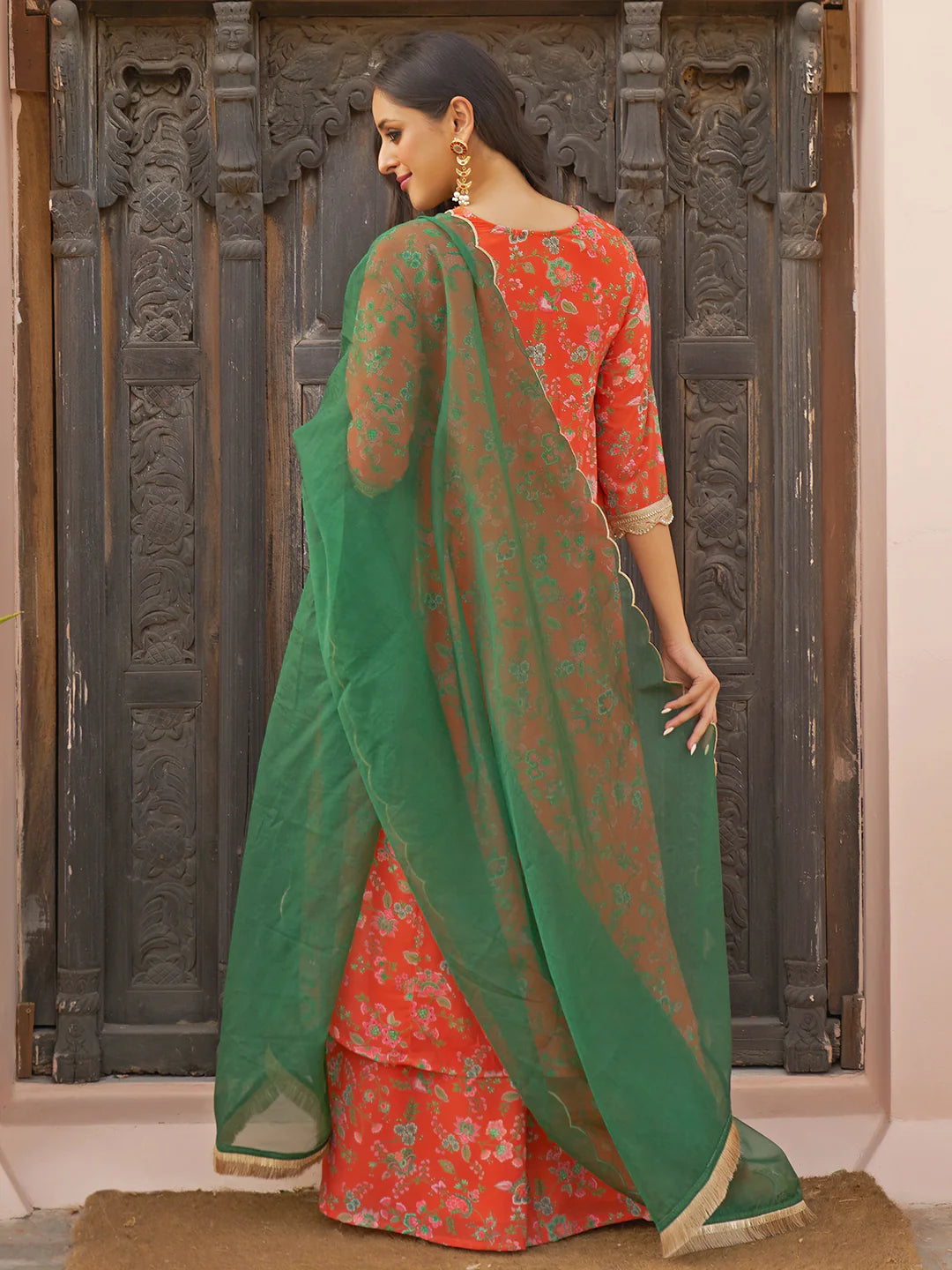 Orange Georgette Botanical Printed Kurta With Palazzo And Dupatta