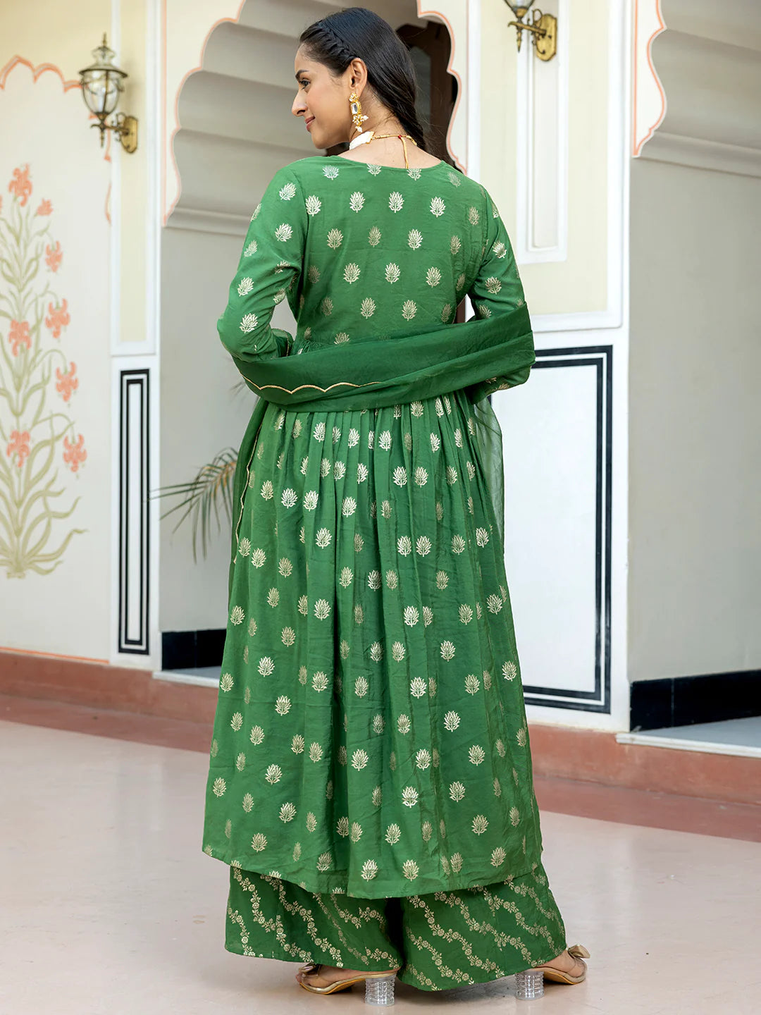 Green Brocade Woven Design Kurta With Palazzo And Dupatta