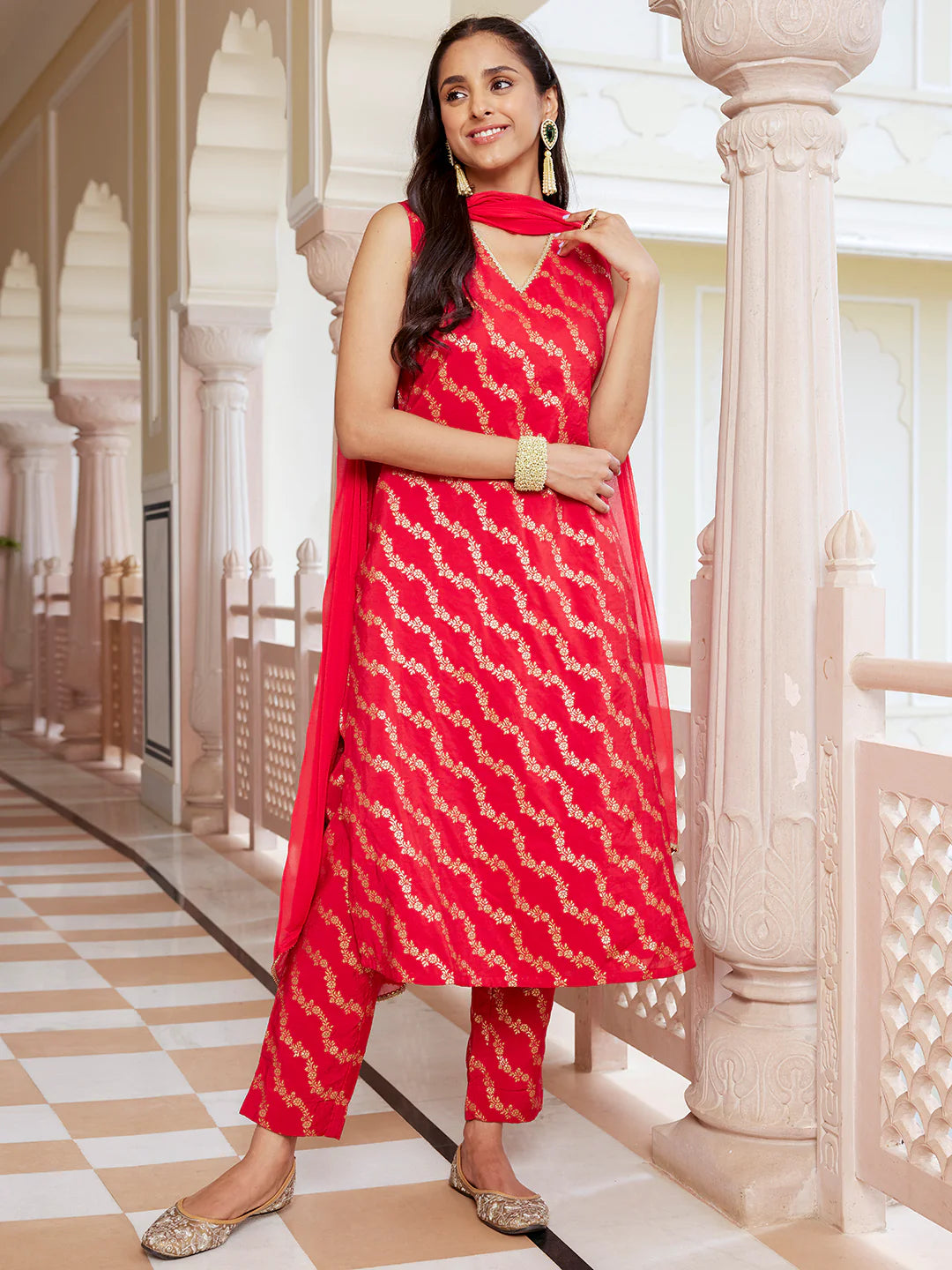 Red Brocade Woven Design Kurta With Pant And Dupatta