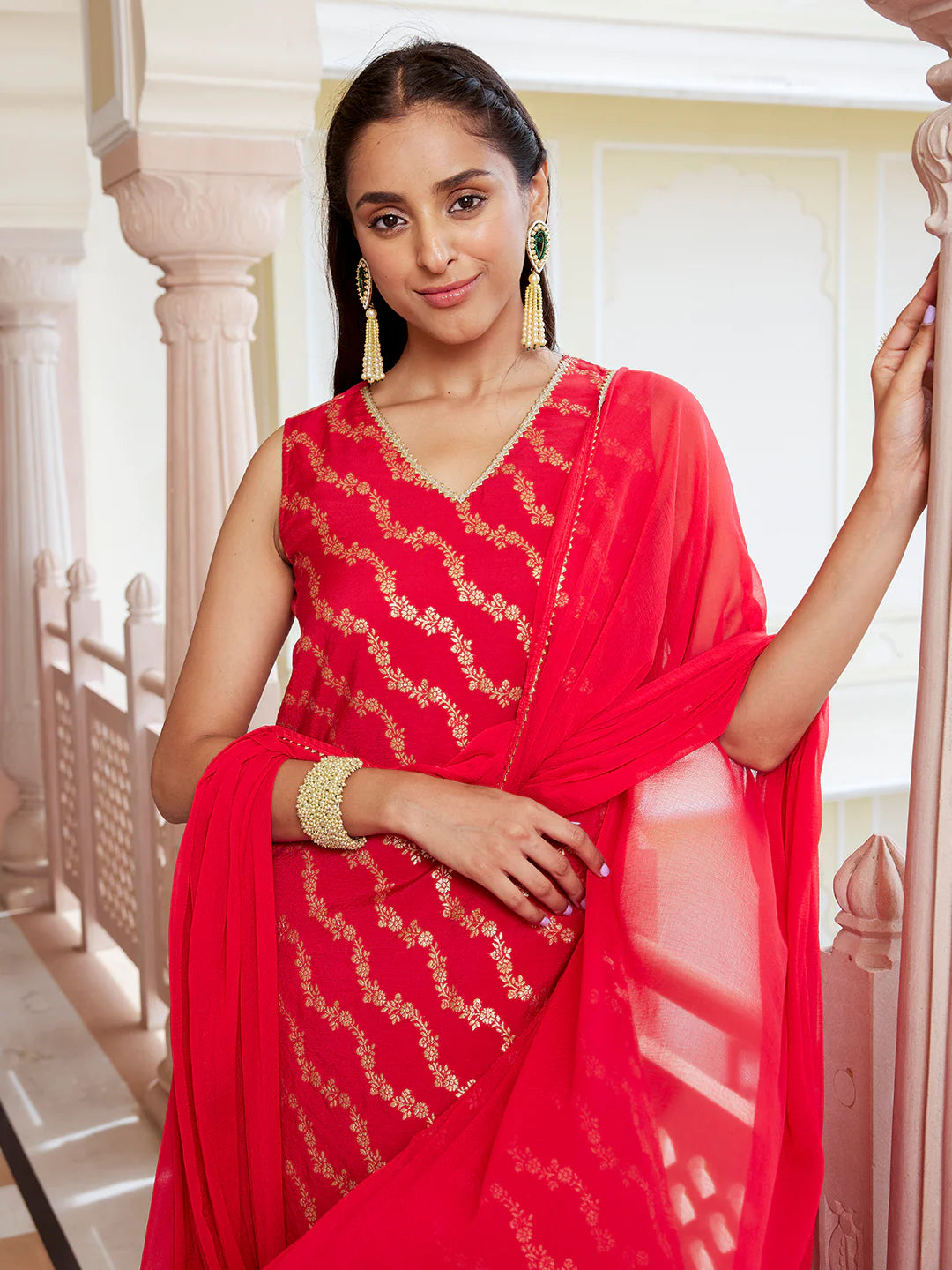 Red Brocade Woven Design Kurta With Pant And Dupatta