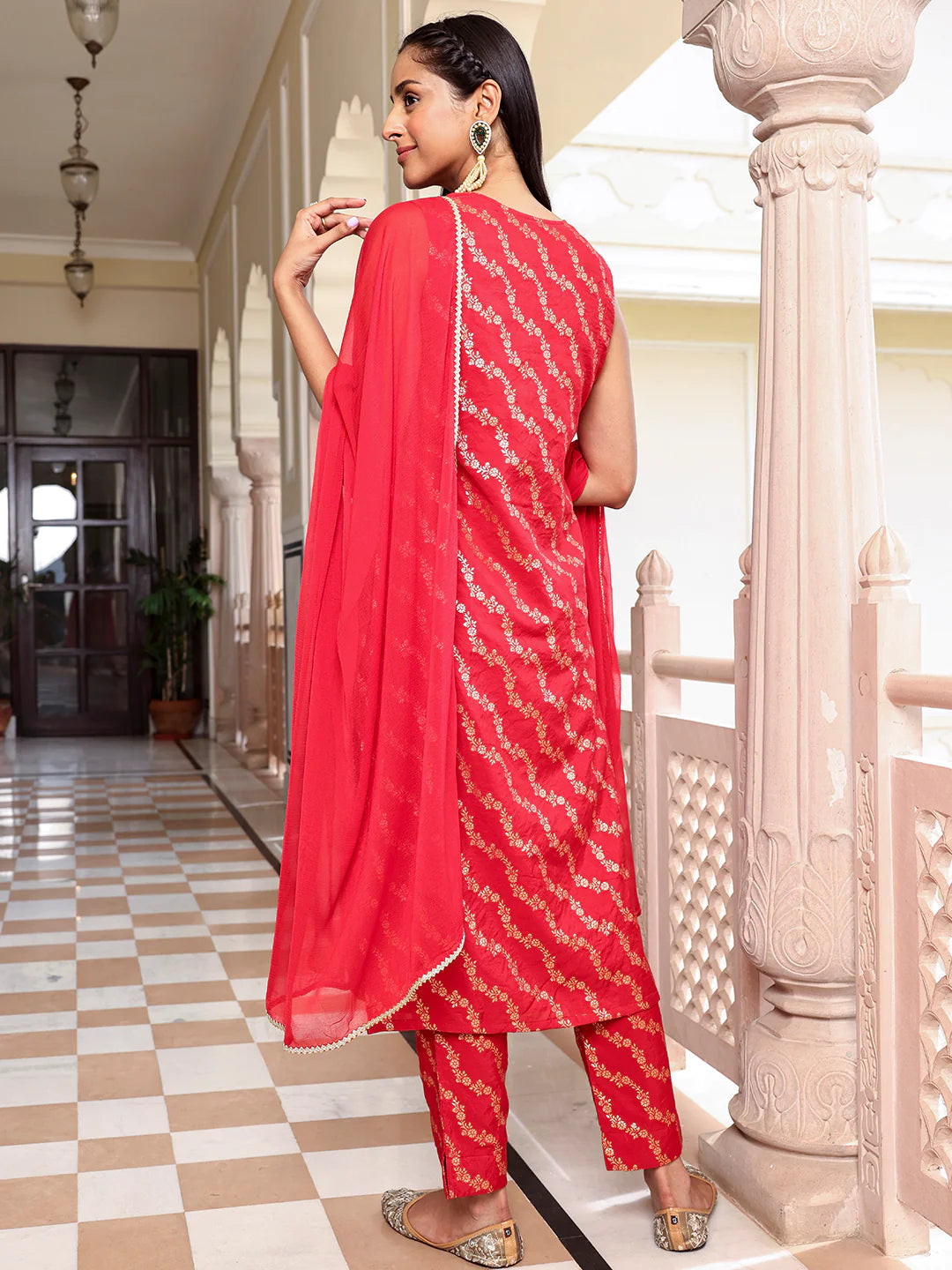 Red Brocade Woven Design Kurta With Pant And Dupatta