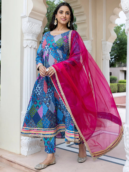 Blue Cotton Ethnic Printed Kurta With Pant And Dupatta Silae