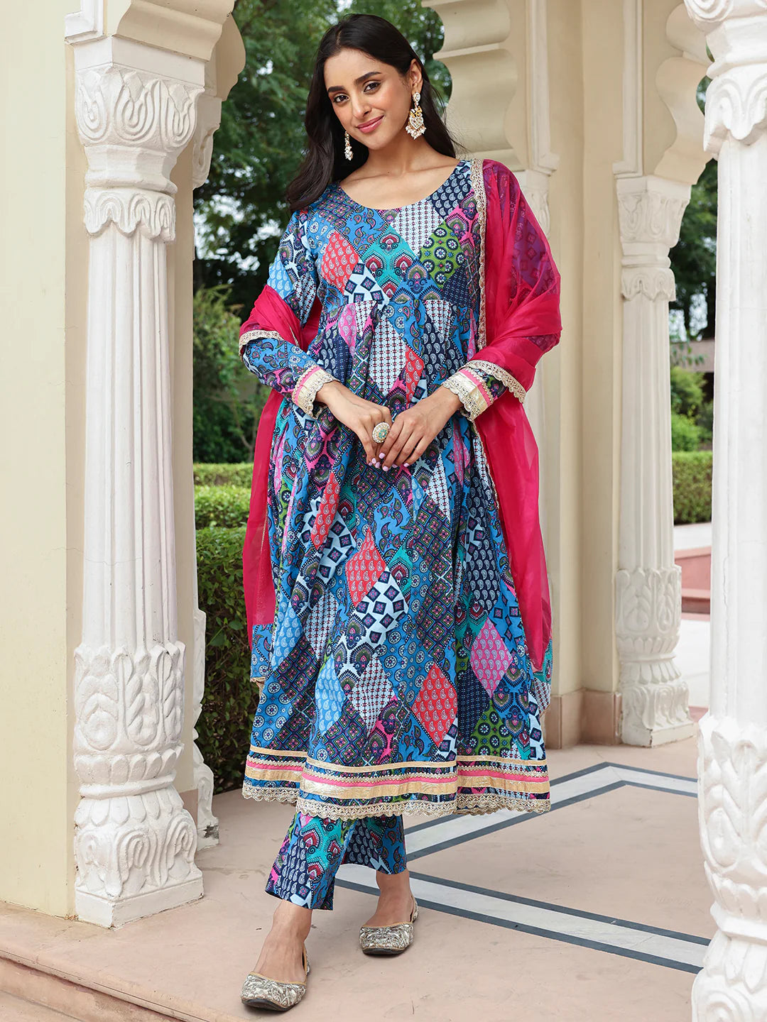 Blue Cotton Ethnic Printed Kurta With Pant And Dupatta Silae