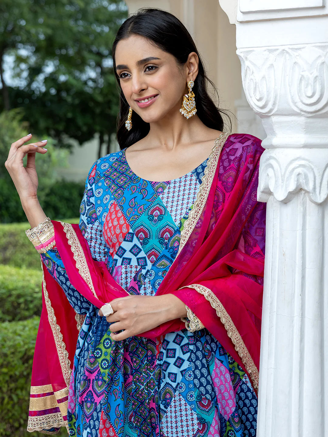 Blue Cotton Ethnic Printed Kurta With Pant And Dupatta Silae