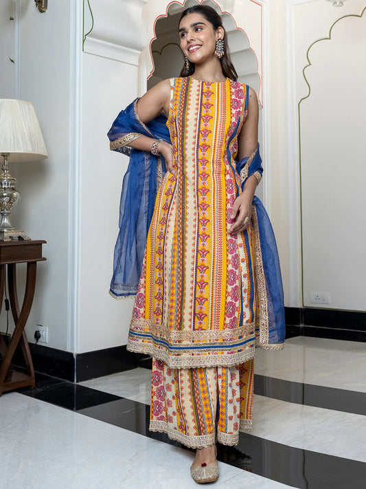 Multicolor Cotton Ethnic Printed Kurta With Palazzo And Dupatta Silae