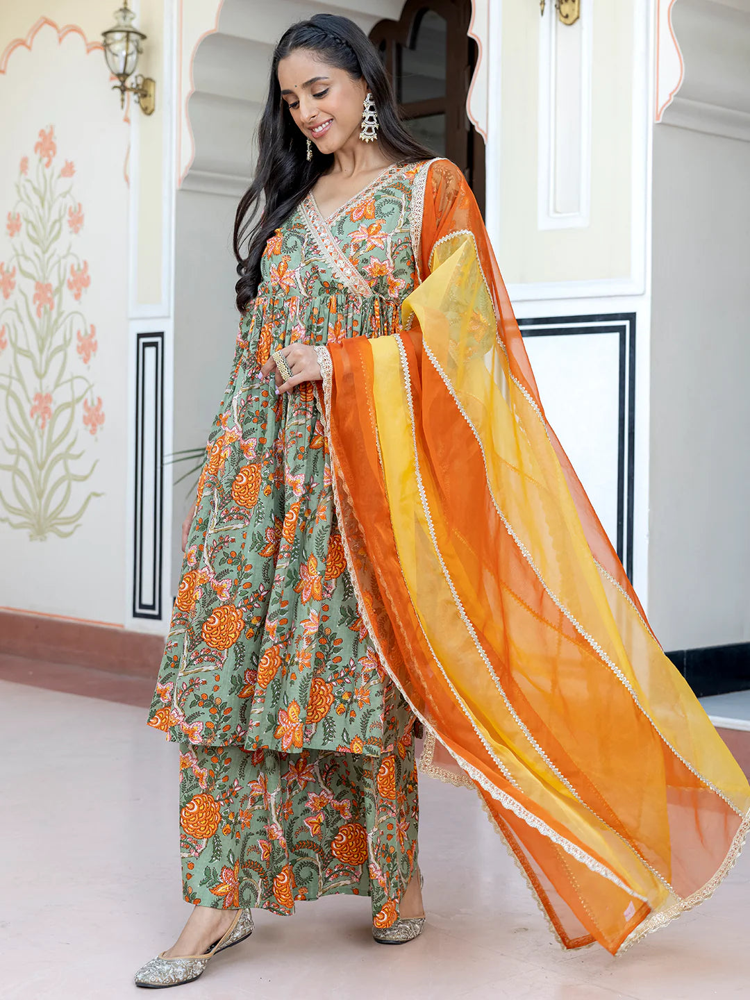Green Cotton Embellished Ethnic Printed Kurta With Flared Palazzo And Dupatta